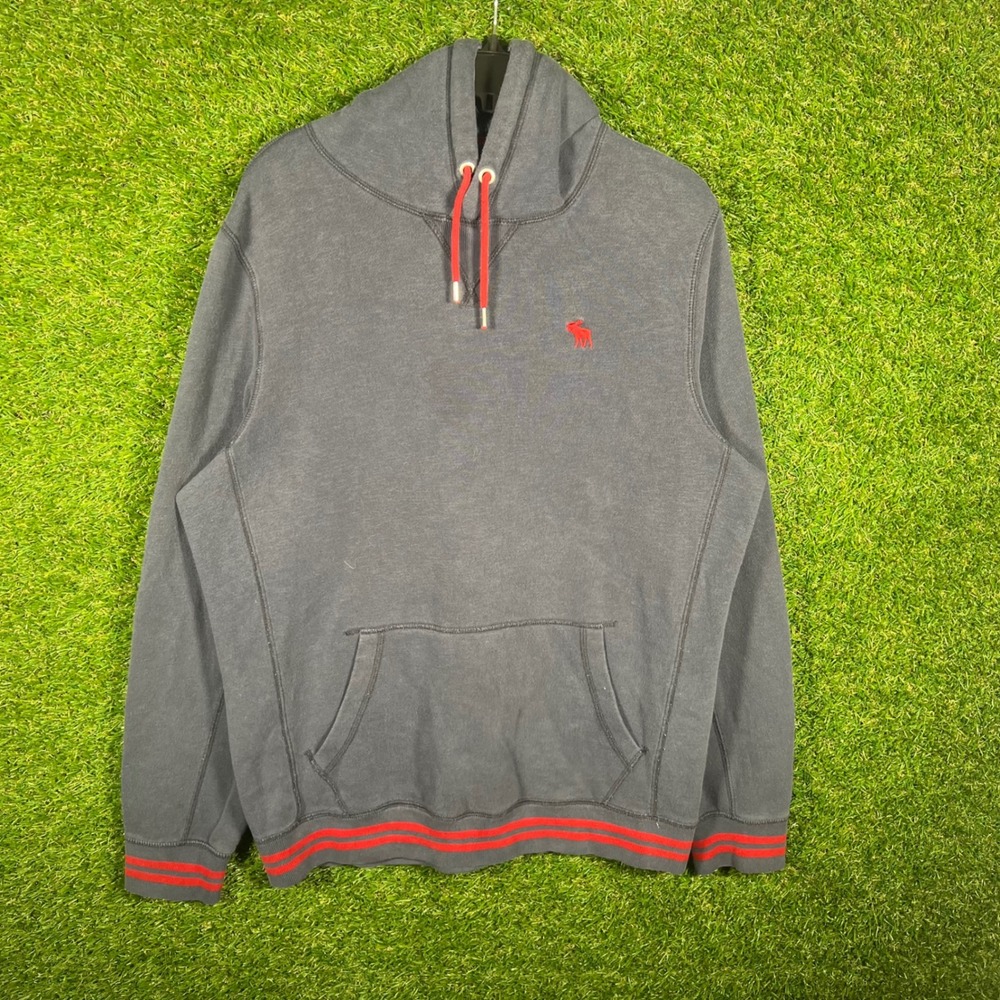 Abercrombie & Fitch Mens Medium Navy Blue Red Striped Moose Logo Pullover Hoodie